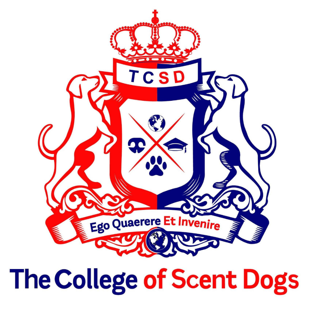 The college of scent dogs logo White background logo with red and blue crest and two dogs to indicate the College of Scent Dogs